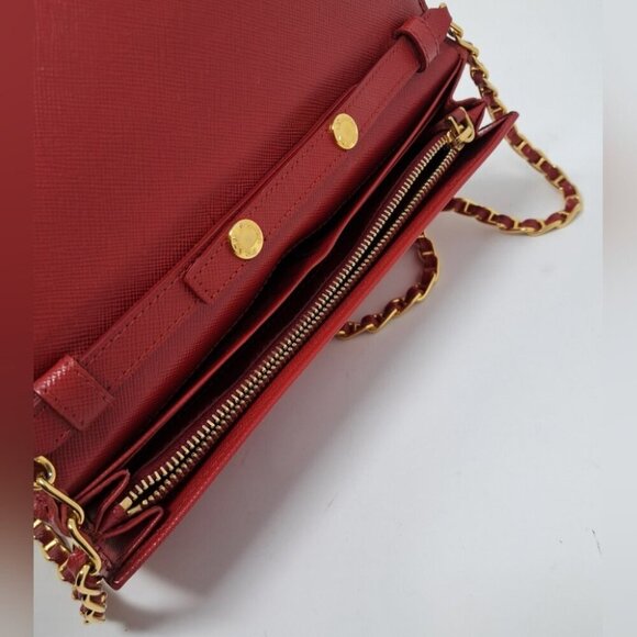 Prada Saffiano Leather Red Gold Detachable Crossbody Strap Wallet on Long Chain - Picture 5 of 16